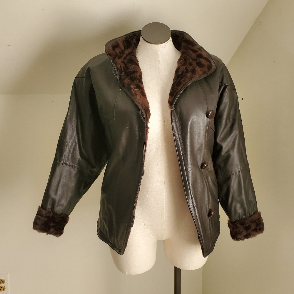 80s 90s Vintage Fully Reversible Leather & Brown Leopard Faux Fur Jacket - Picture 3 of 10